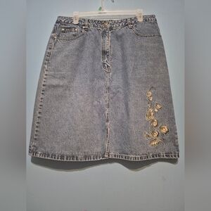 Denim A-Line Skirt with Floral Embroidery - Blue